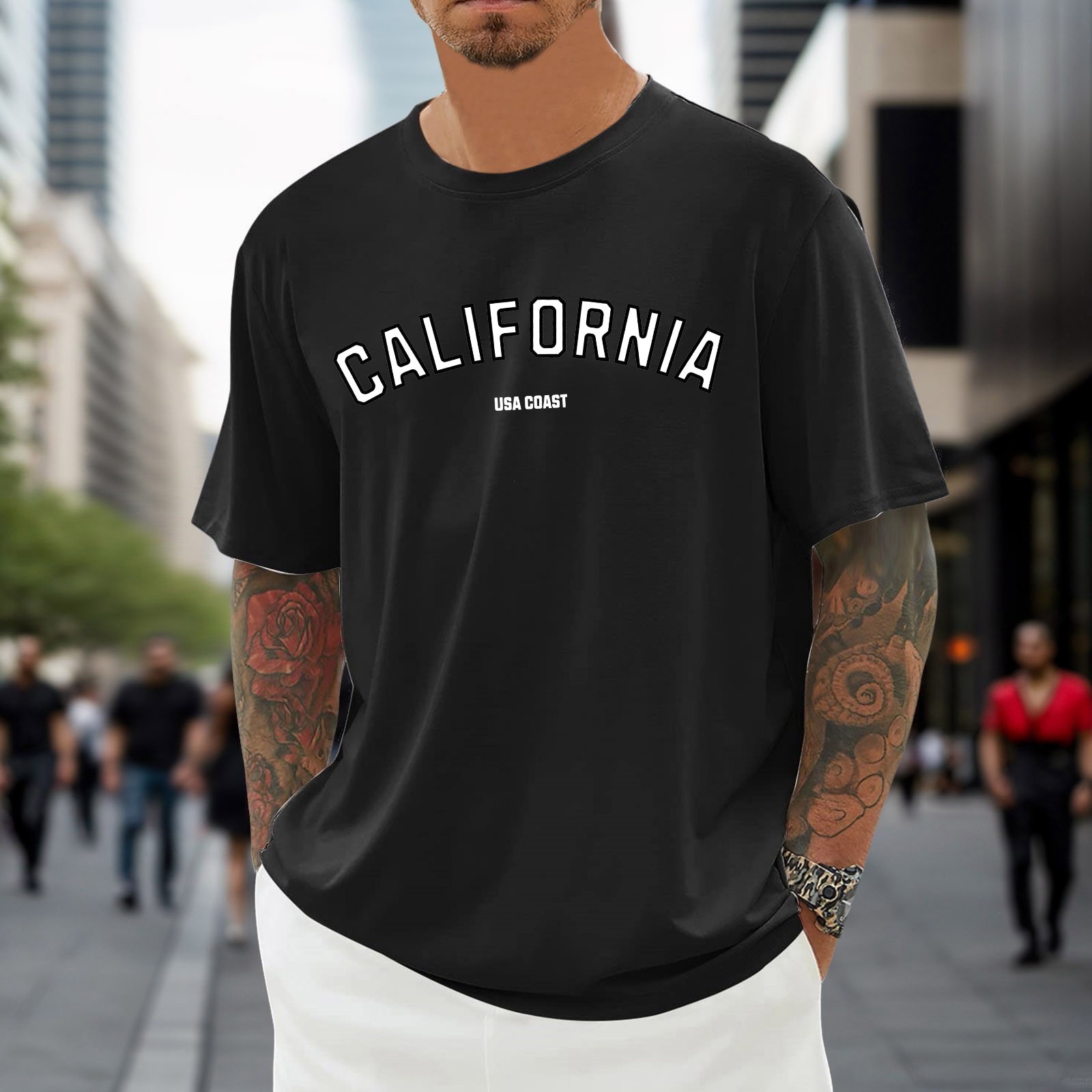 thumbnail image 3 of Camiseta oversize de verano para hombre - Cuello redondo y manga corta con estampado urbano - Camiseta deportiva holgada e informal, 3 of 5